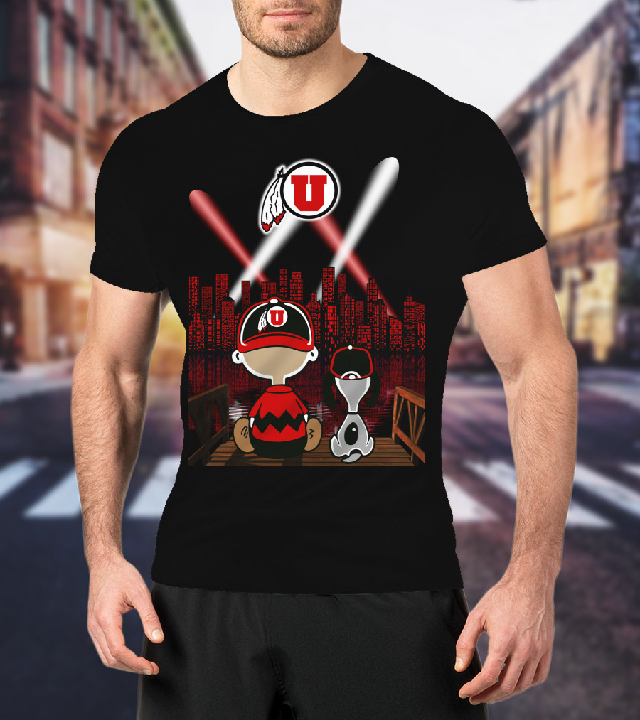 Utah Utes City Skyline Night Scene With Cartoon Characters T-Shirt