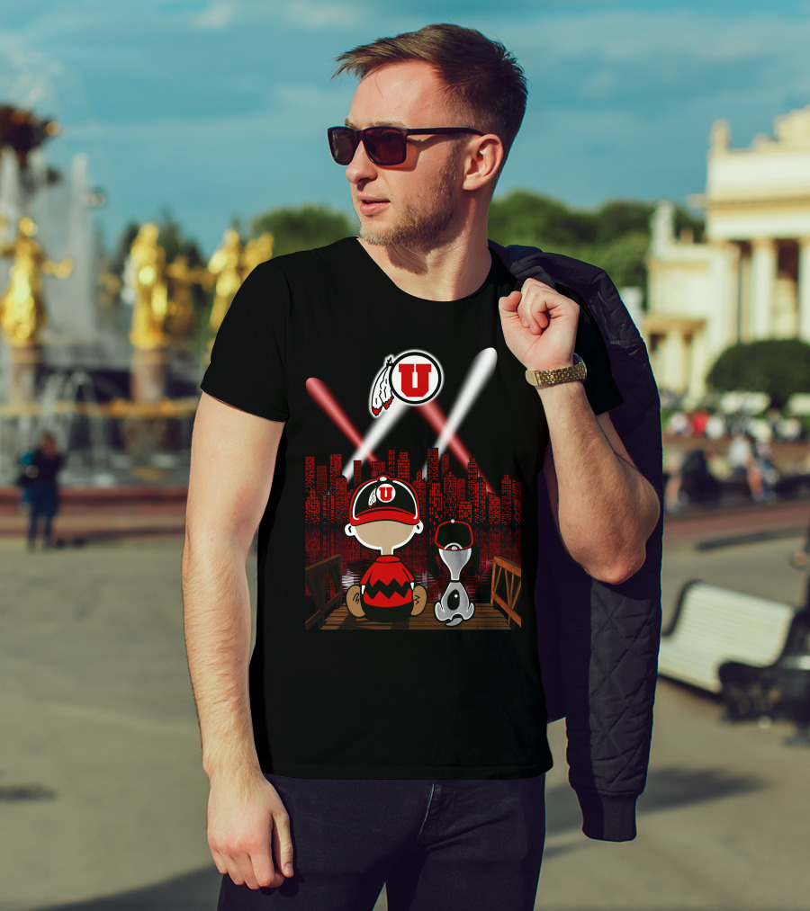 Utah Utes City Skyline Night Scene With Cartoon Characters T-Shirt