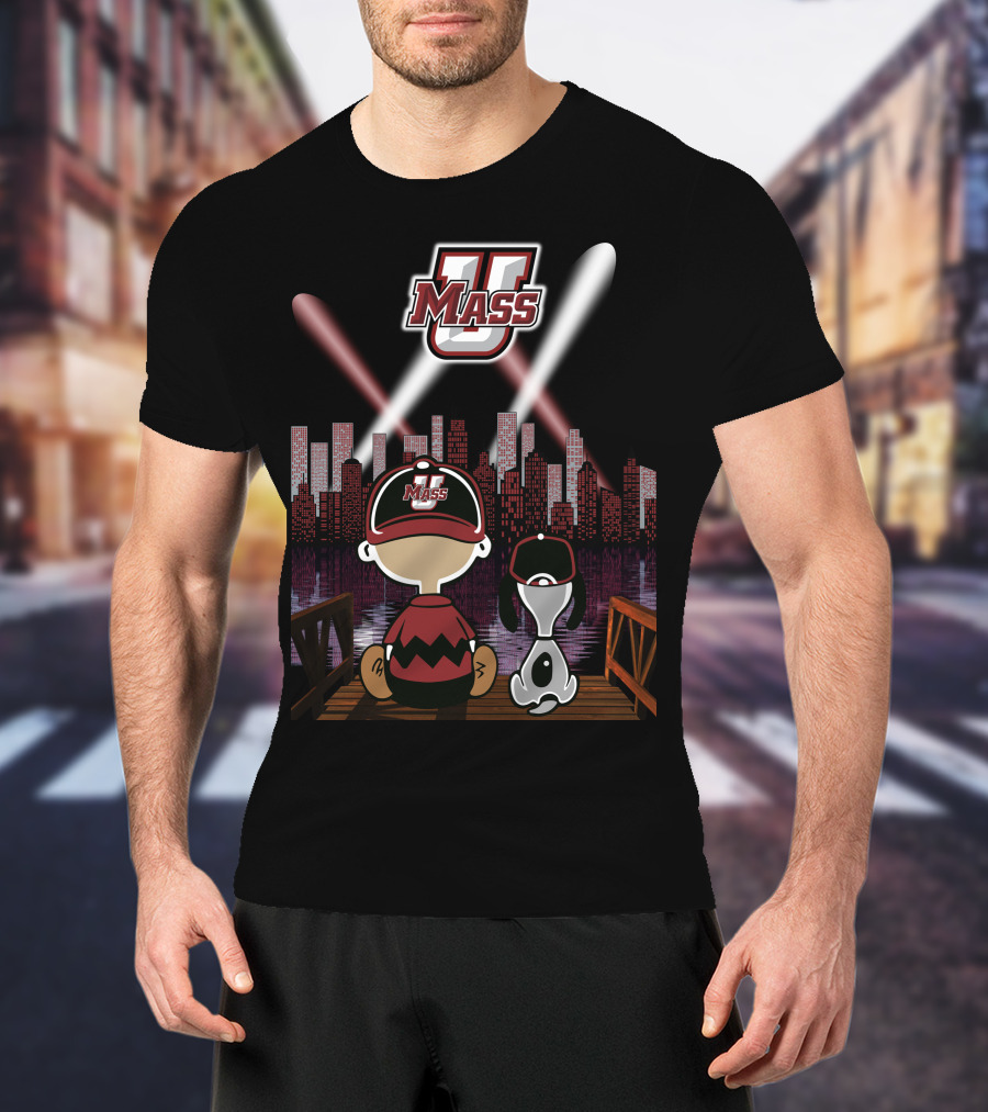 Umass Minutemen Downtown Skyline At Night With Cartoon Duo T-Shirt
