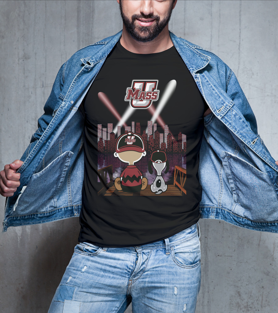Umass Minutemen Downtown Skyline At Night With Cartoon Duo T-Shirt