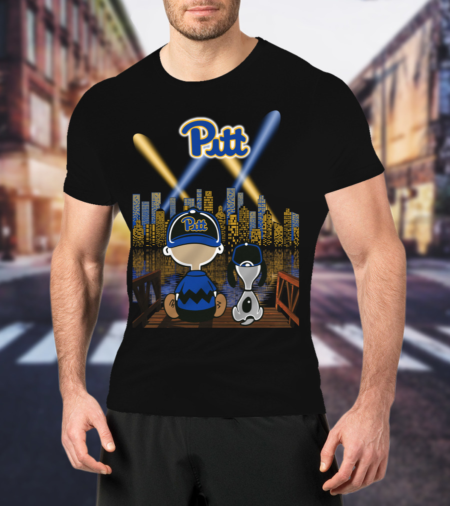 Pitt Panthers Nighttime Cityscape With Skyline And Characters T-Shirt