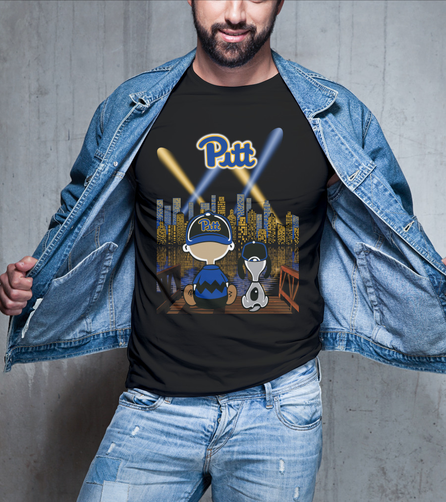 Pitt Panthers Nighttime Cityscape With Skyline And Characters T-Shirt