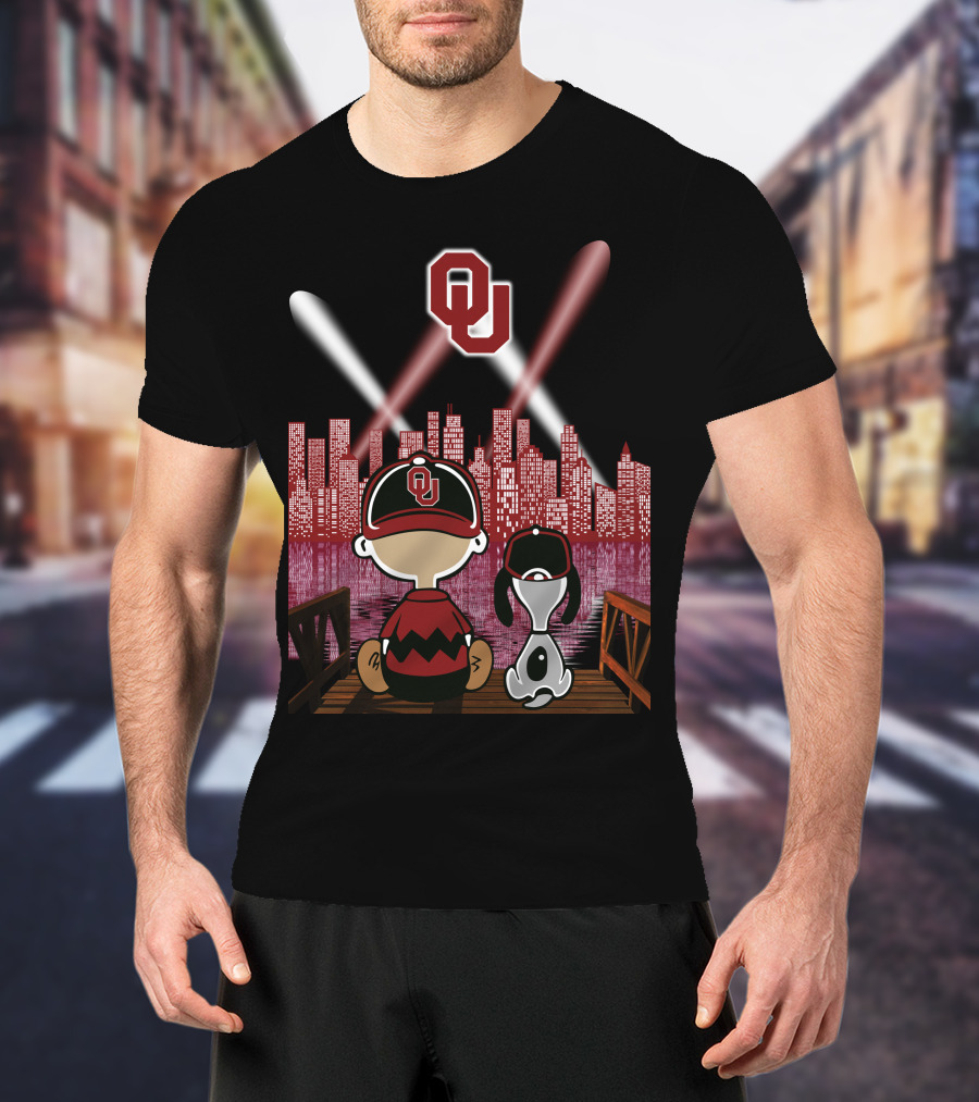Ou Sooners Peanuts Characters With City Skyline At Night T-Shirt