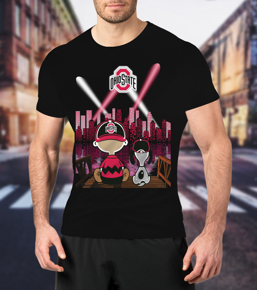 Ohio State Buckeyes Charlie Brown Snoopy City Skyline Night Scene T-Shirt