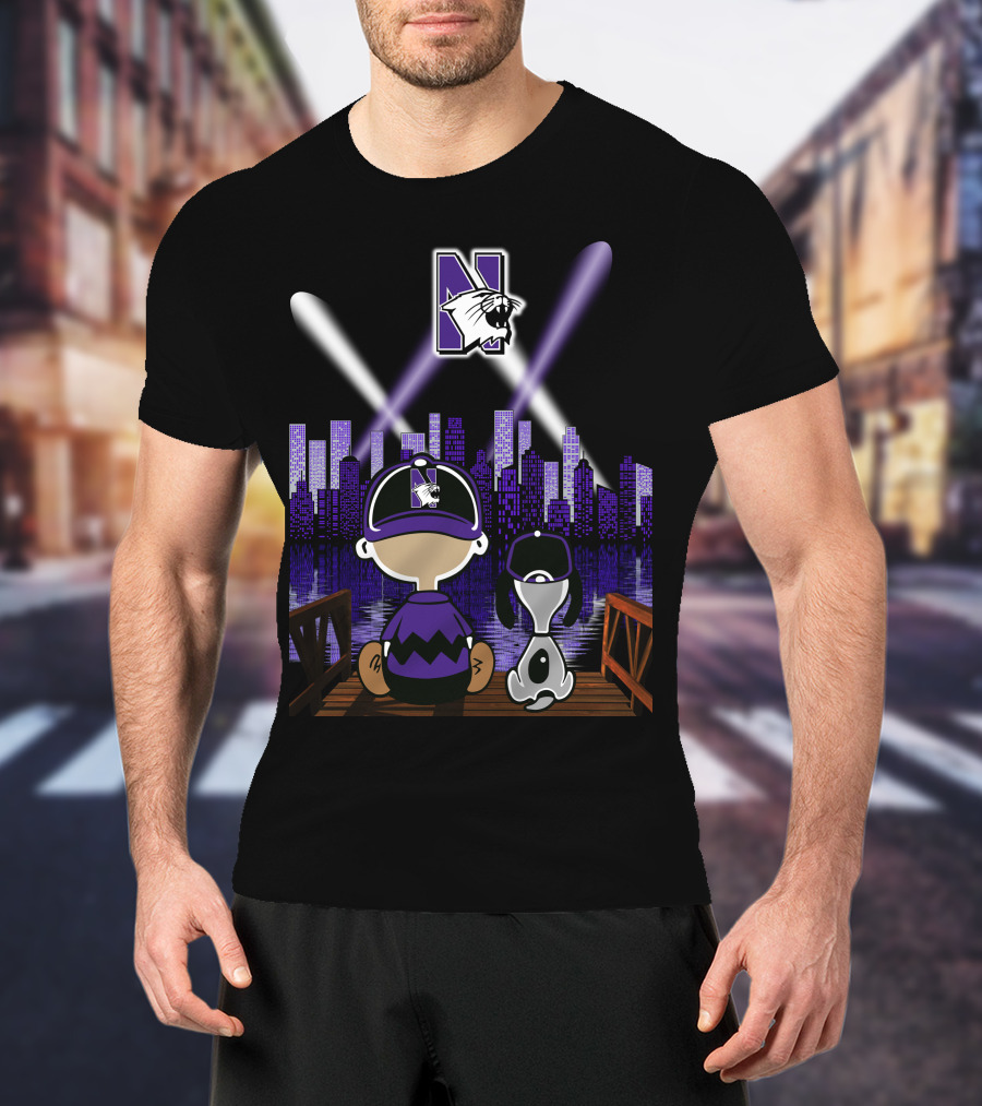 Snoopy And Friends Enjoying Northwestern Wildcats Night Skyline Scene T-Shirt