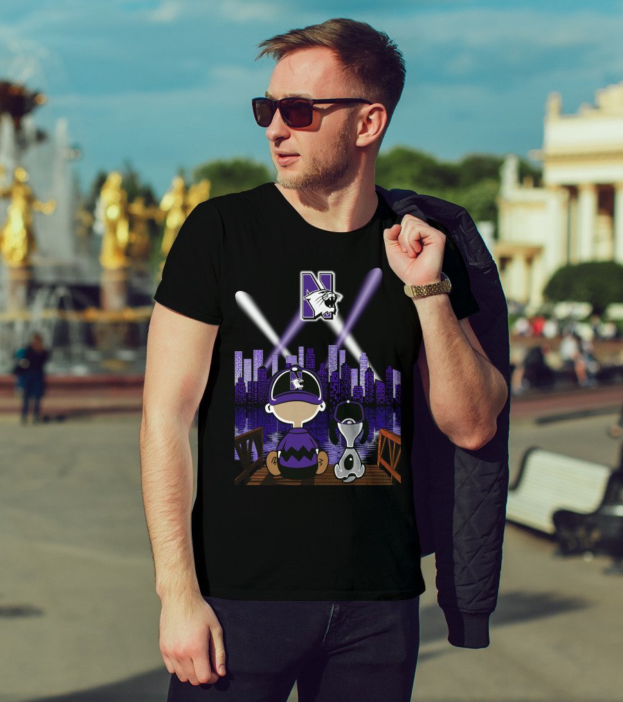Snoopy And Friends Enjoying Northwestern Wildcats Night Skyline Scene T-Shirt