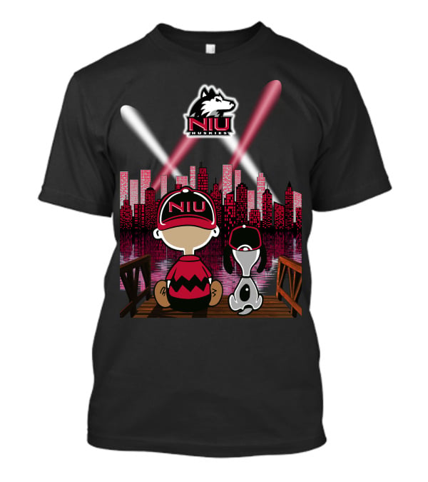 Niu Huskies City Skyline Night Scene With Characters And Northern Illinois T-Shirt