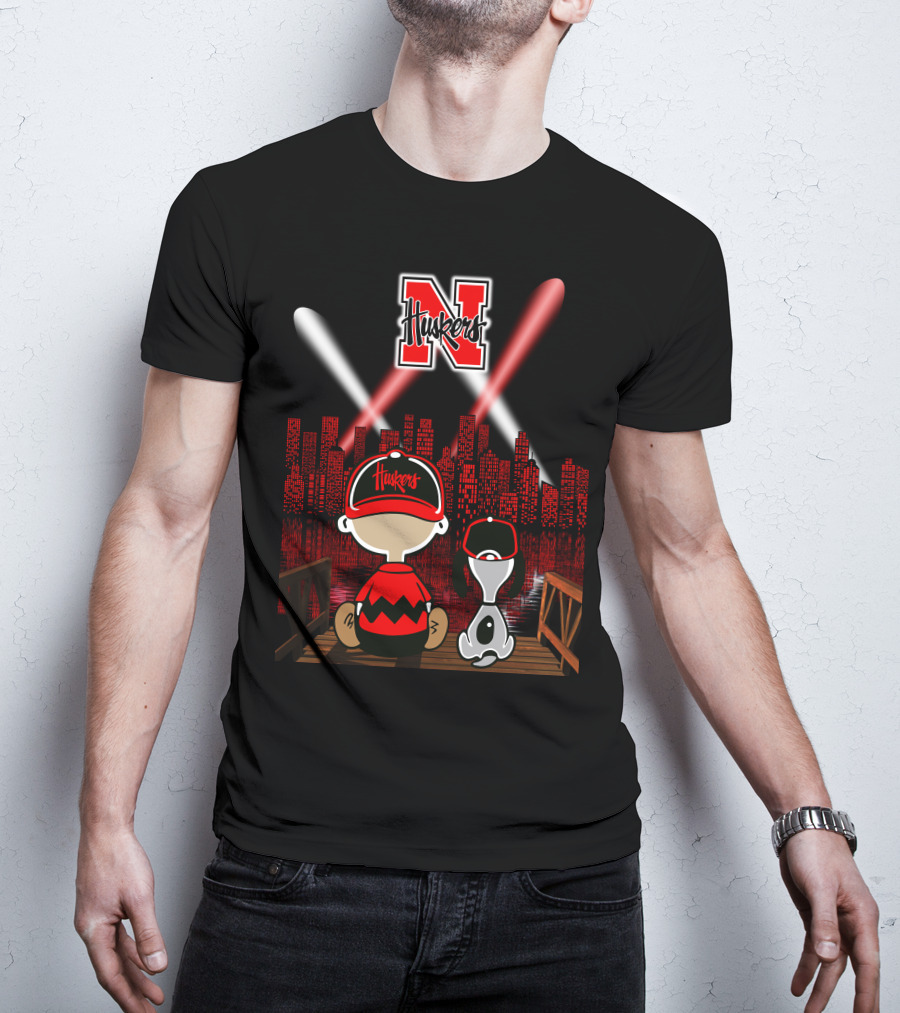 Huskers City By Night With N Logo And Iconic Cartoon Characters On A Bridge T-Shirt