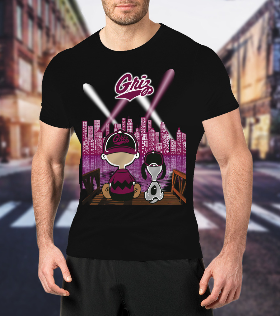 Griz 53 Montana Grizzlies City By Night Skyline With Dog And Child On Bridge T-Shirt