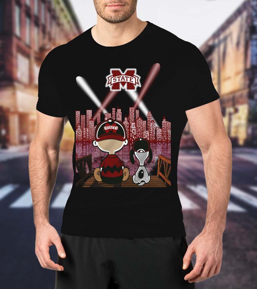 Mississippi State Bulldogs City Night Skyline With Baseball Fans And Iconic Mascot T-Shirt