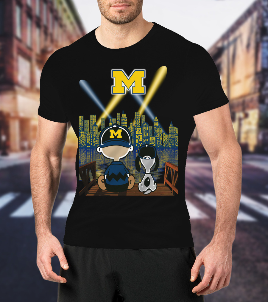 M Michigan Wolverines City By Night Skyline And Characters T-Shirt