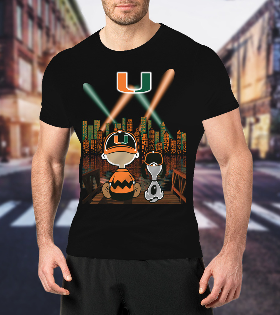 Miami Hurricanes City By Night Skyline Reflections With Characters T-Shirt