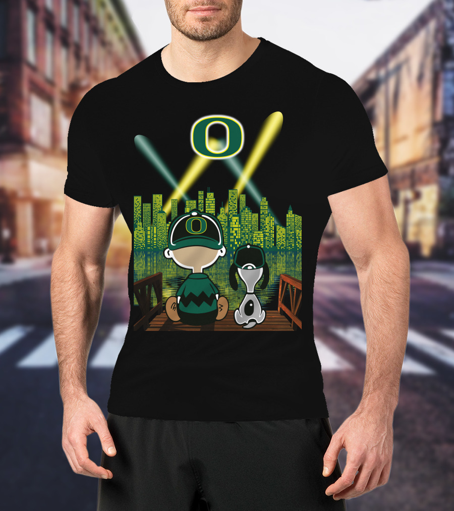 Oregon Ducks Nighttime Cityscape With Cartoon Characters And Stadium Lights T-Shirt