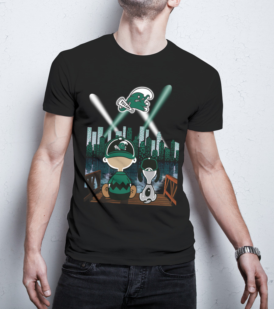 Tulane Green Wave City Skyline Featuring Iconic Characters And Baseball Cap Logo By Night T-Shirt