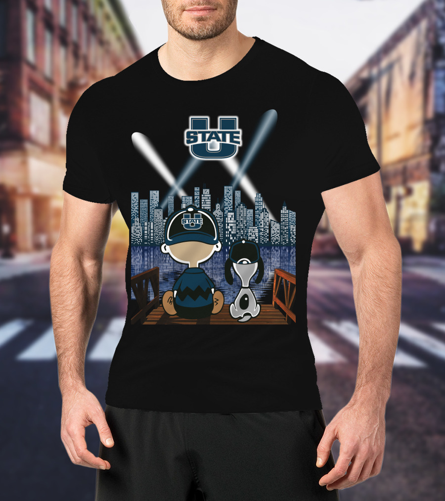 Utah State Aggies City Skyline At Night With Dog And Character T-Shirt