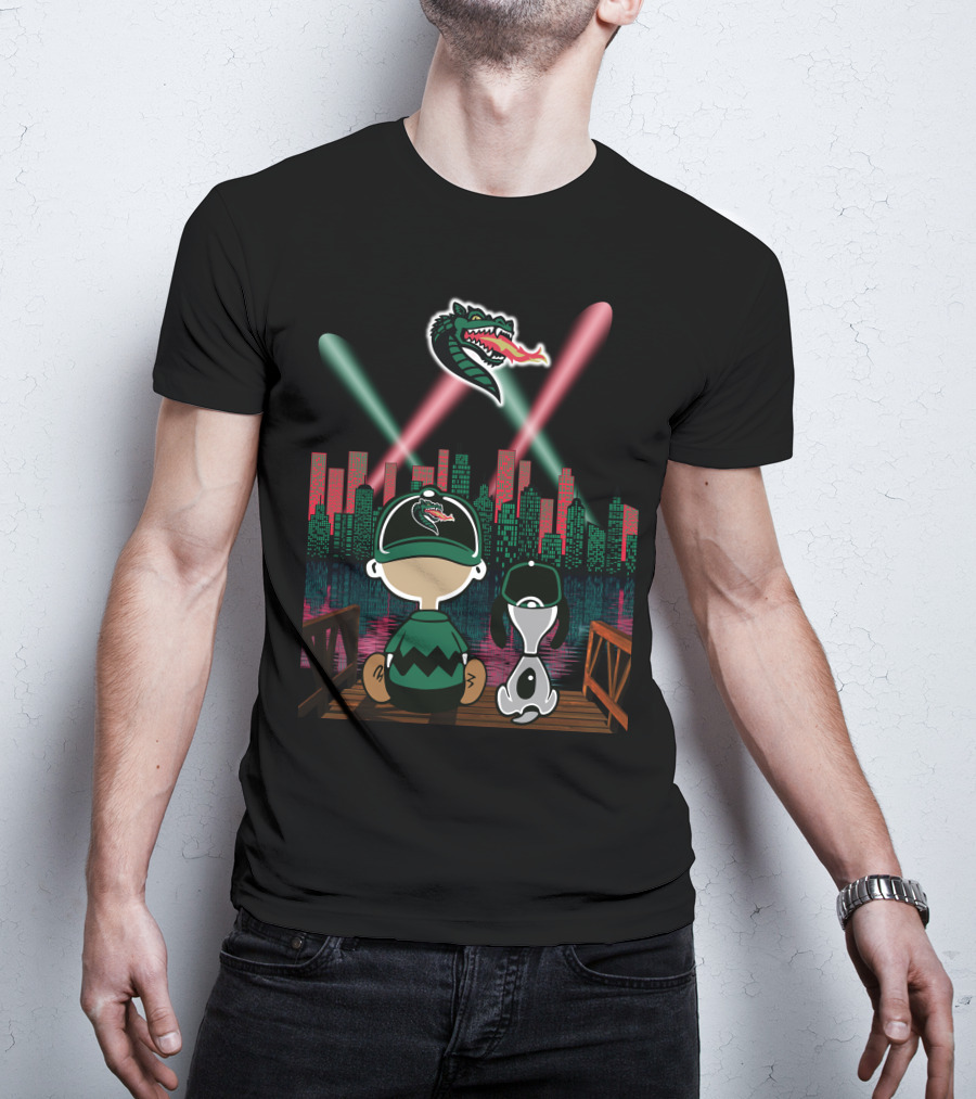 Uab Blazers Dragon Logo Over City Skyline With Cartoon Characters On Bridge At Night T-Shirt