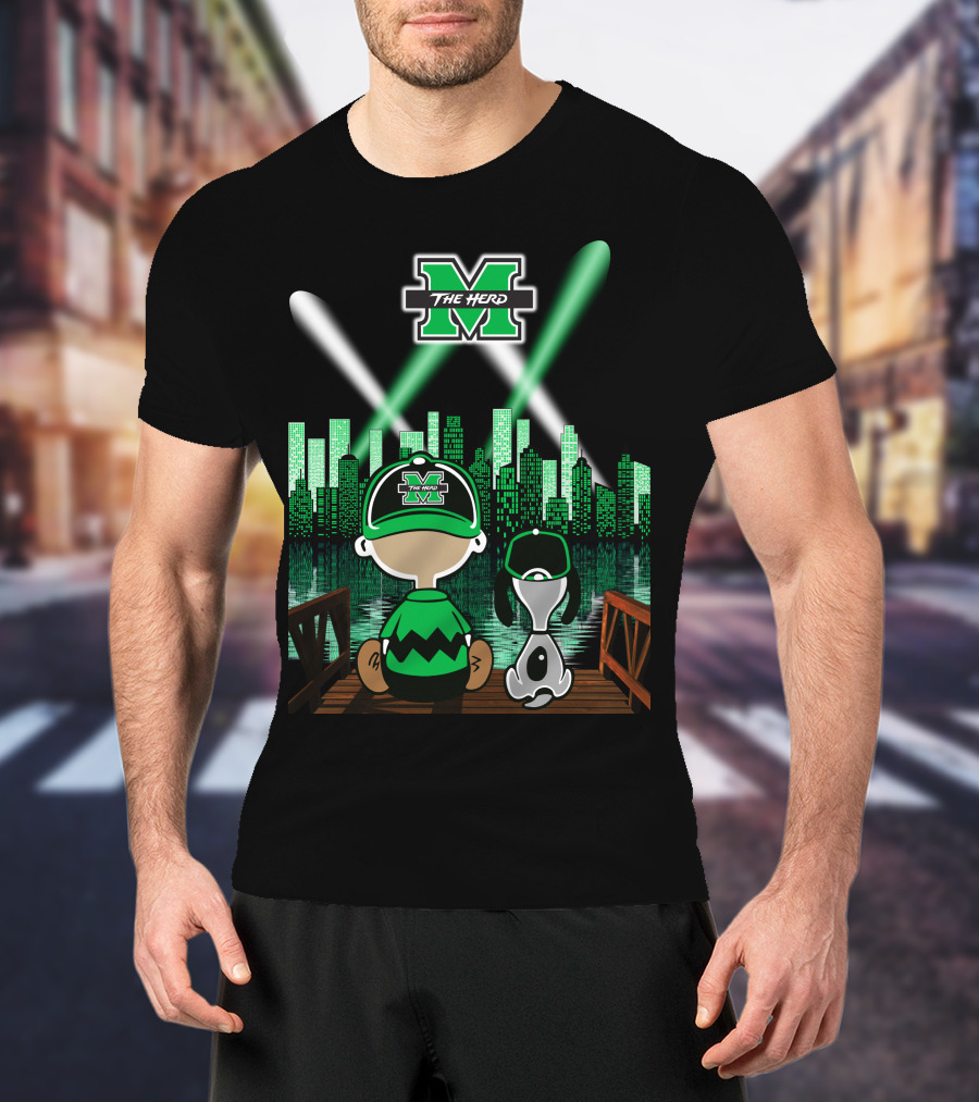 Marshall Thundering Herd Night Cityscape With Mascot And Dog On Bridge T-Shirt