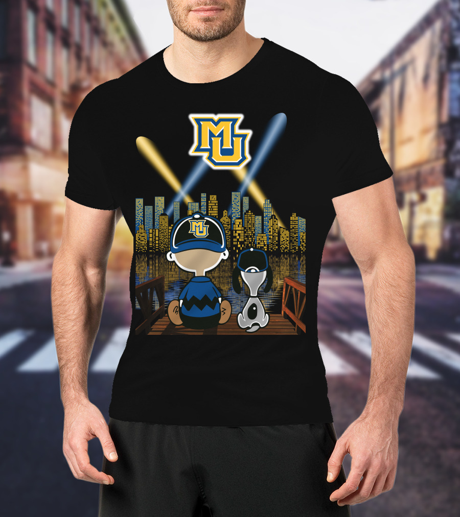 Mu Marquette Golden Eagles Cityscape Night Skyline With Baseball Cap Duo T-Shirt