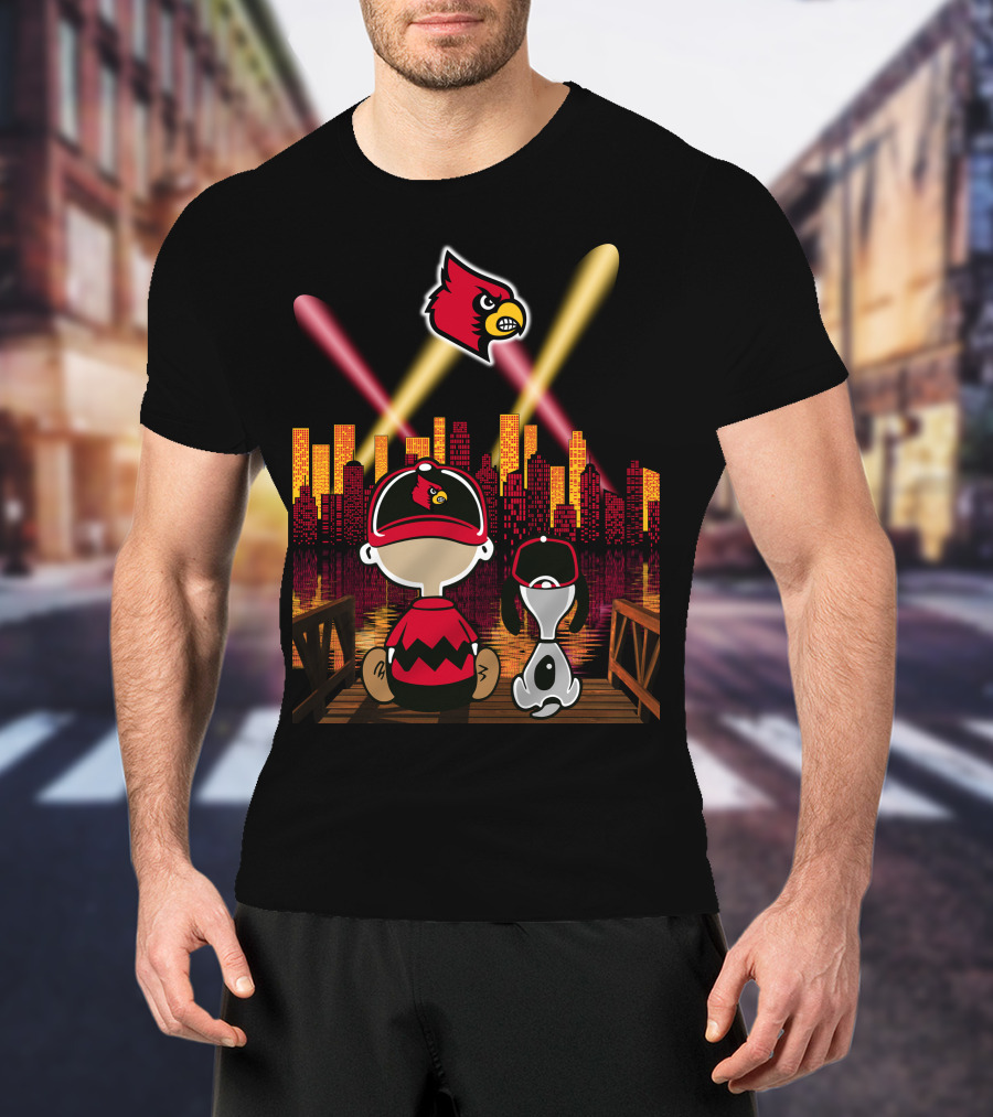 Louisville Cardinals City Lights With Characters Looking At Skyline T-Shirt