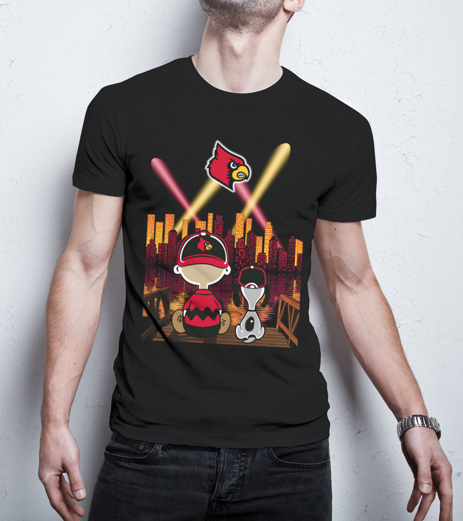 Louisville Cardinals City Lights With Characters Looking At Skyline T-Shirt