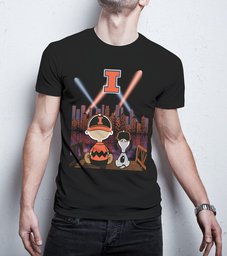 Illinois Fighting Illini Cityscape Nighttime Scene With Iconic Characters And Letter I T-Shirt