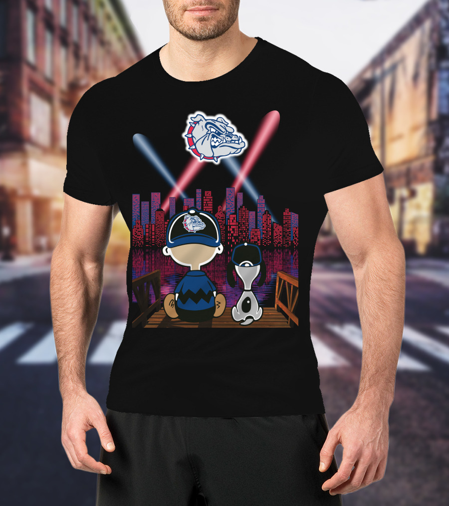 Gonzaga Bulldogs Night Cityscape With Skyline And Cartoon Characters T-Shirt
