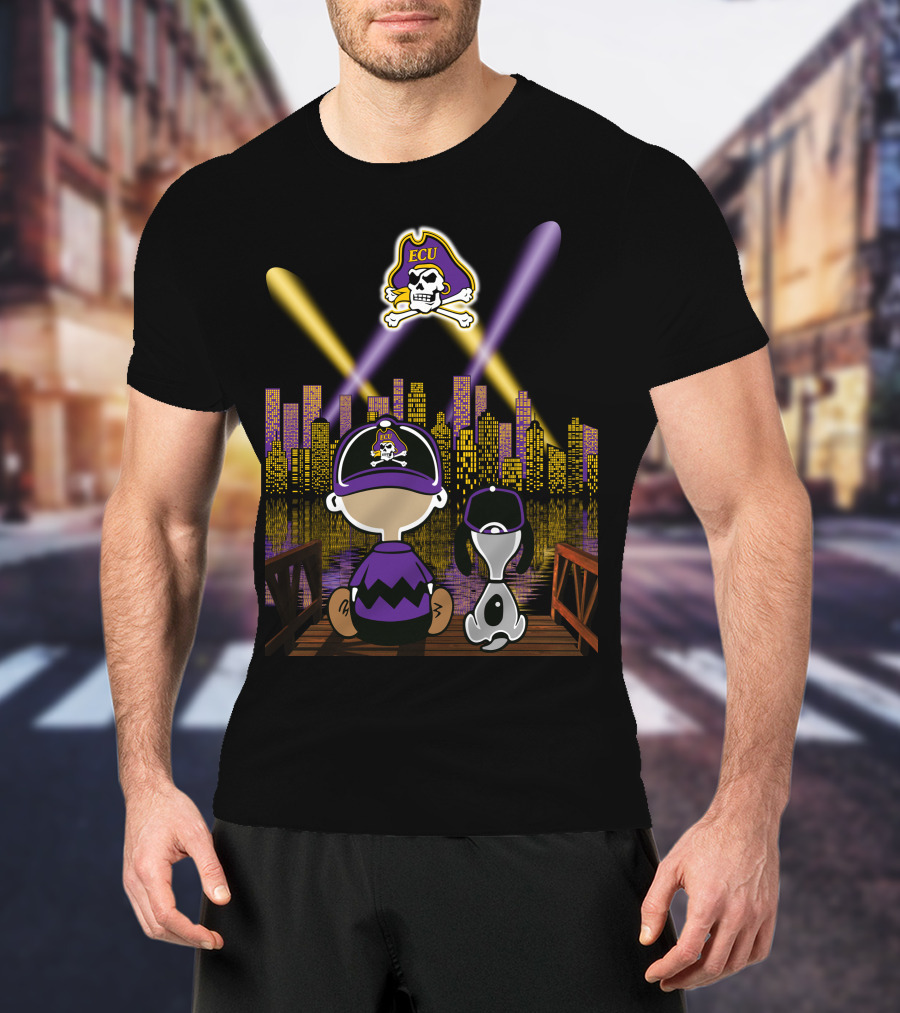 East Carolina Pirates Night Cityscape With Ecu Skull Logo And Characters T-Shirt