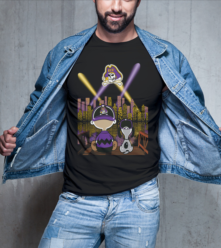 East Carolina Pirates Night Cityscape With Ecu Skull Logo And Characters T-Shirt