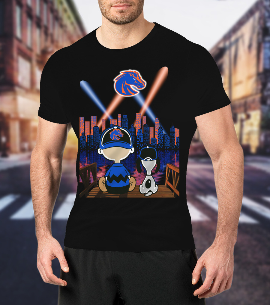 Boise State Broncos City Night Skyline With Cartoon Characters T-Shirt