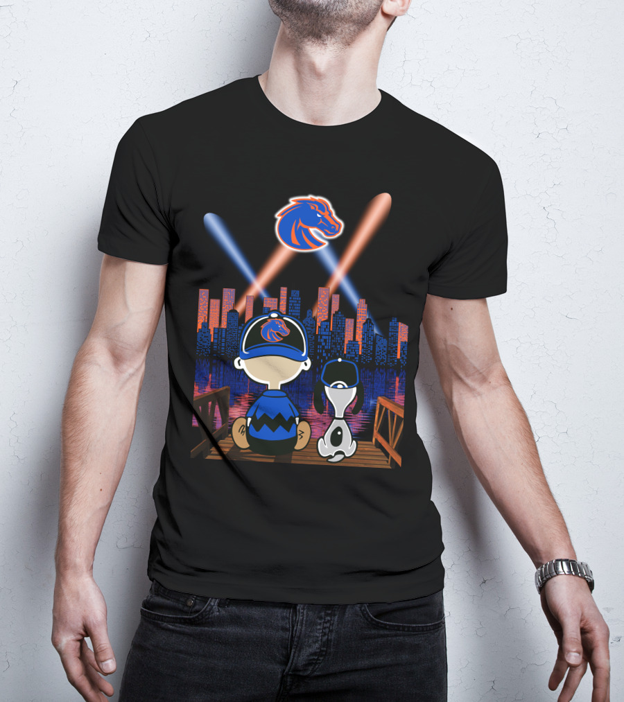 Boise State Broncos City Night Skyline With Cartoon Characters T-Shirt