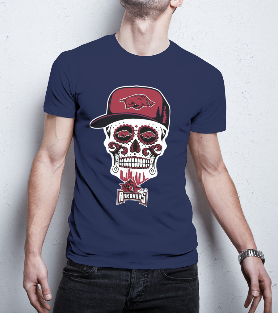 Arkansas Razorbacks Skull With Hat And Team T-Shirt