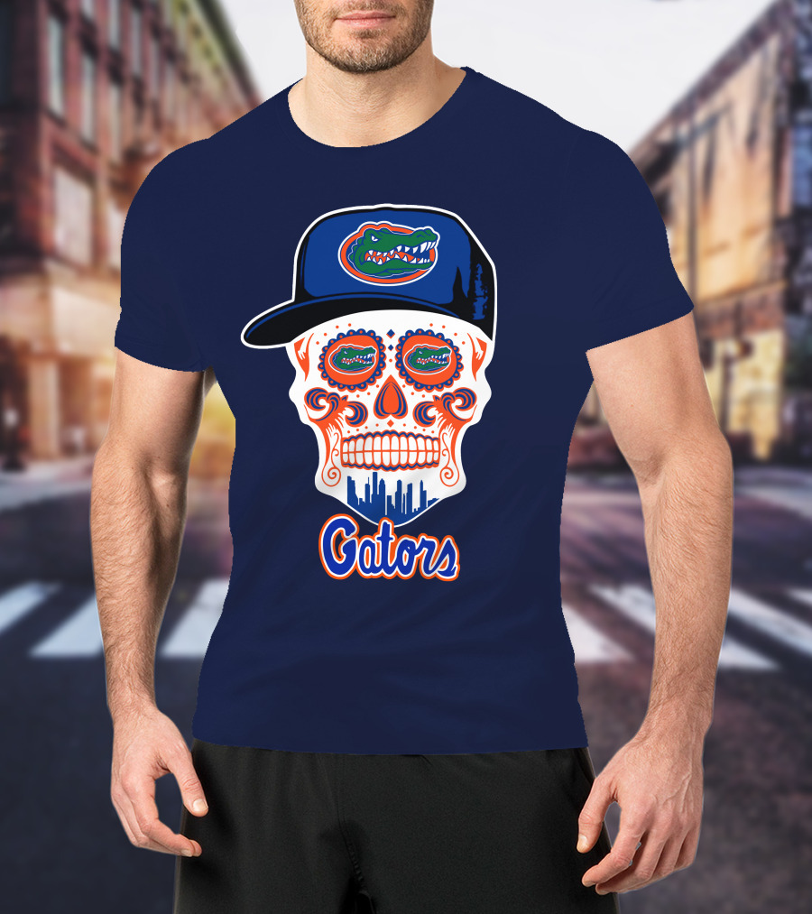 Florida Gators Skull With Alligator Logo And Hat Blue Orange T-Shirt