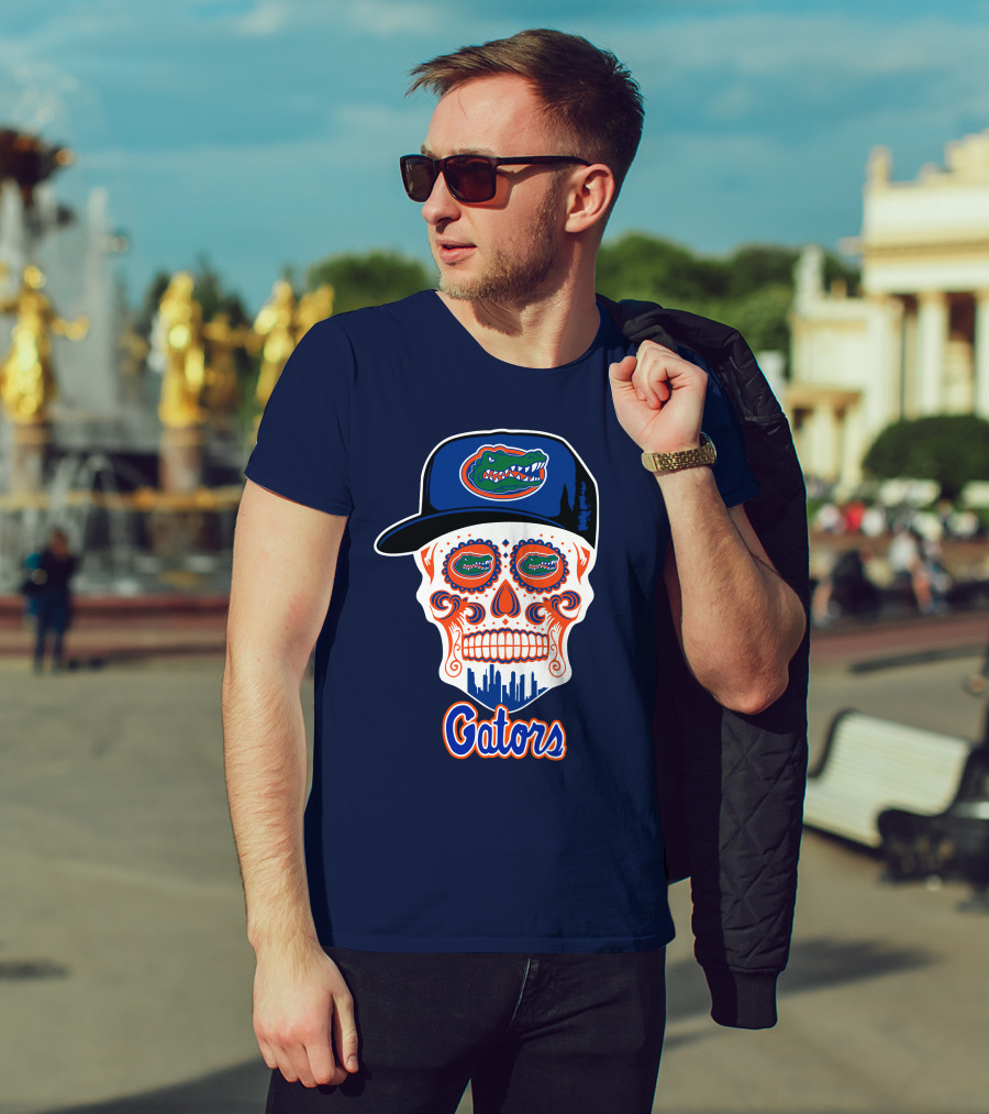 Florida Gators Skull With Alligator Logo And Hat Blue Orange T-Shirt