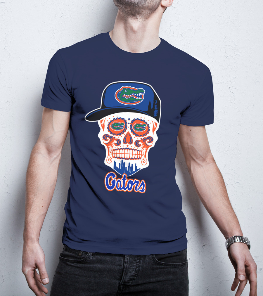 Florida Gators Skull With Alligator Logo And Hat Blue Orange T-Shirt