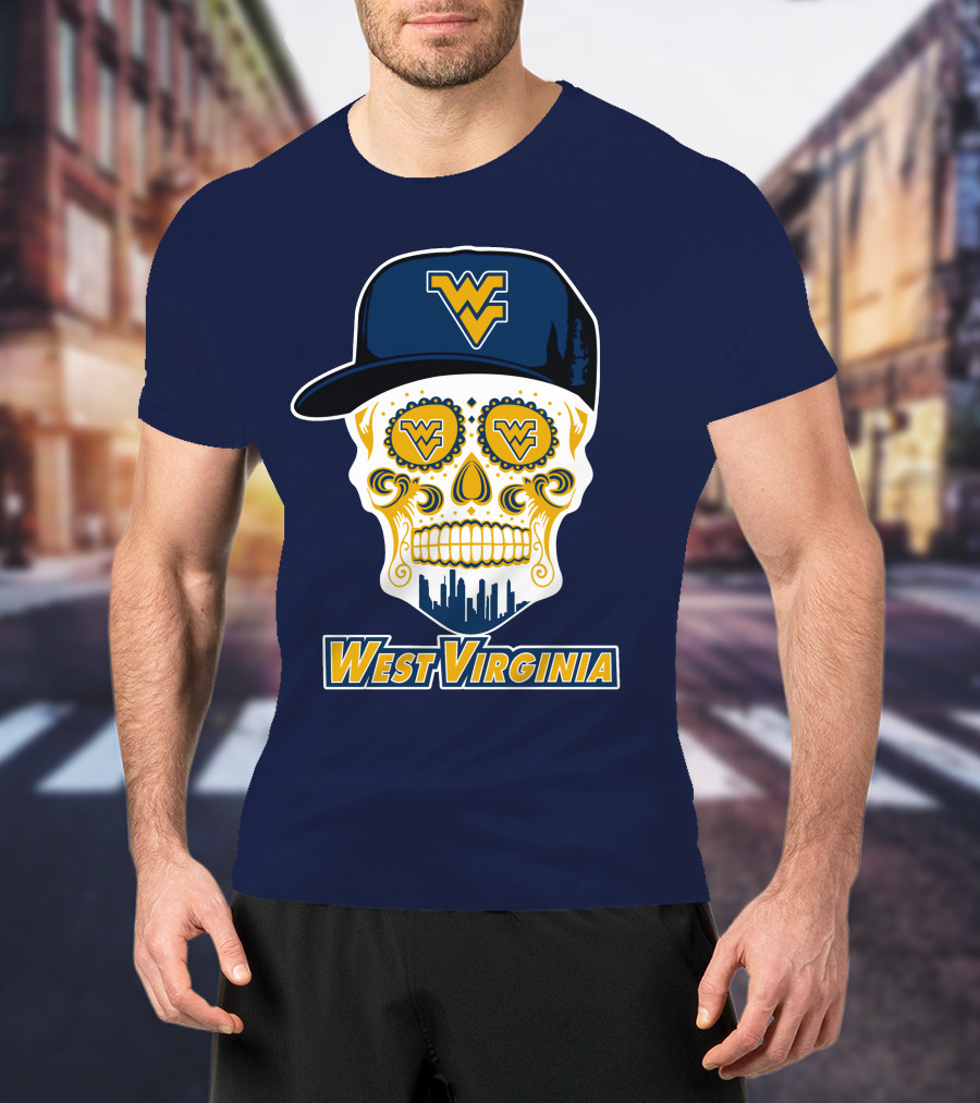West Virginia Mountaineers Skull Design With Wv Cap And Skyline T-Shirt
