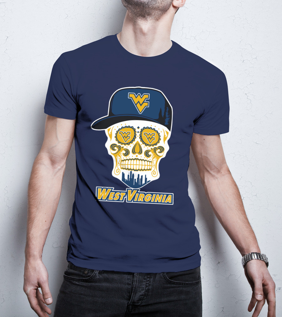 West Virginia Mountaineers Skull Design With Wv Cap And Skyline T-Shirt
