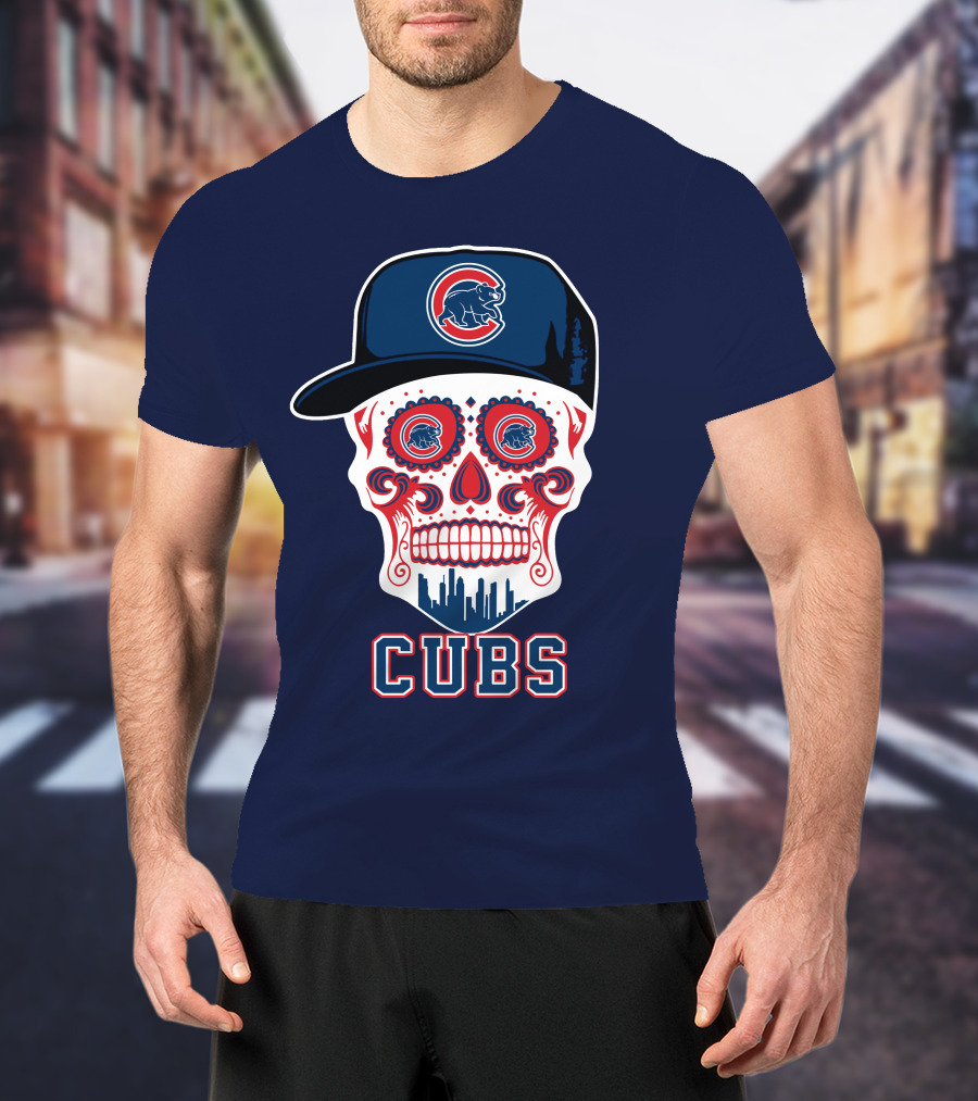 Chicago Cubs Skull With Cap Cityscape Fun T-Shirt