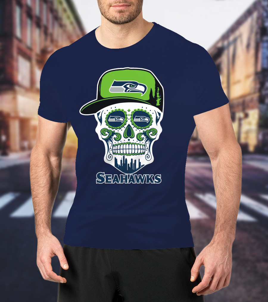 Seattle Seahawks Skull Art With Team Logo And Skyline T-Shirt