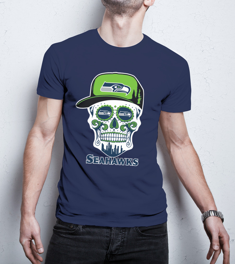 Seattle Seahawks Skull Art With Team Logo And Skyline T-Shirt