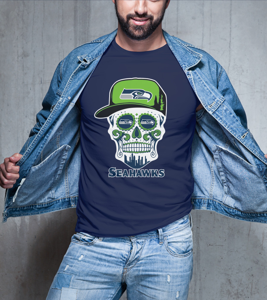 Seattle Seahawks Skull Art With Team Logo And Skyline T-Shirt