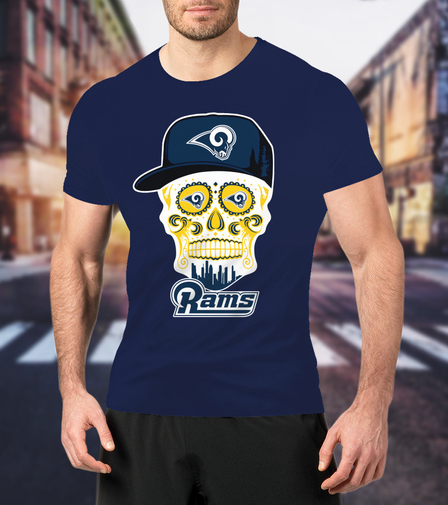 Los Angeles Rams Skull Iconic Rams Logo In Cap Funny T-Shirt