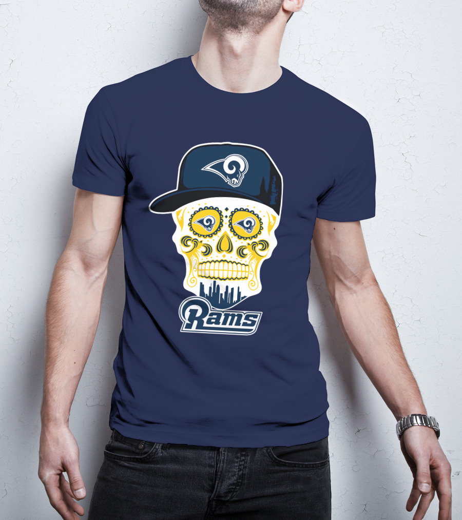 Los Angeles Rams Skull Iconic Rams Logo In Cap Funny T-Shirt