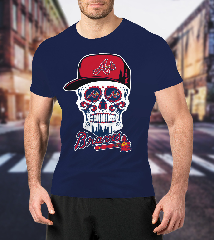 Atlanta Braves Skull With Baseball Cap And Tomahawk T-Shirt