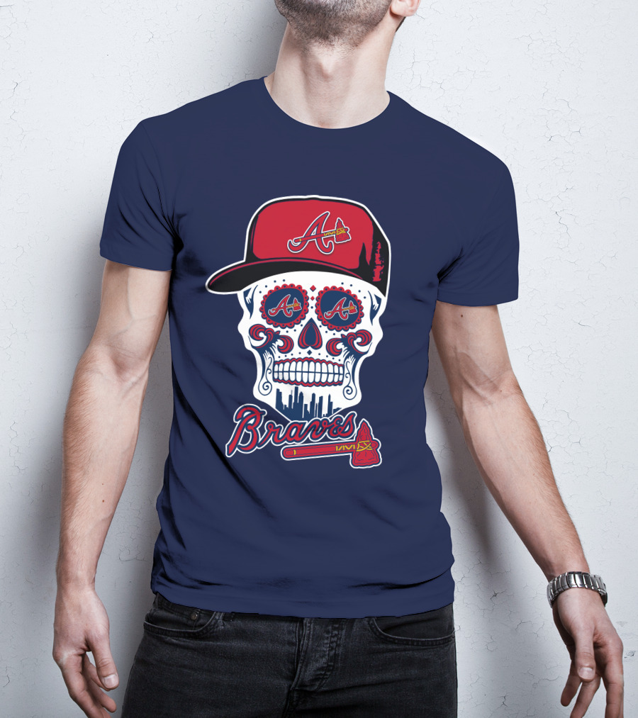 Atlanta Braves Skull With Baseball Cap And Tomahawk T-Shirt