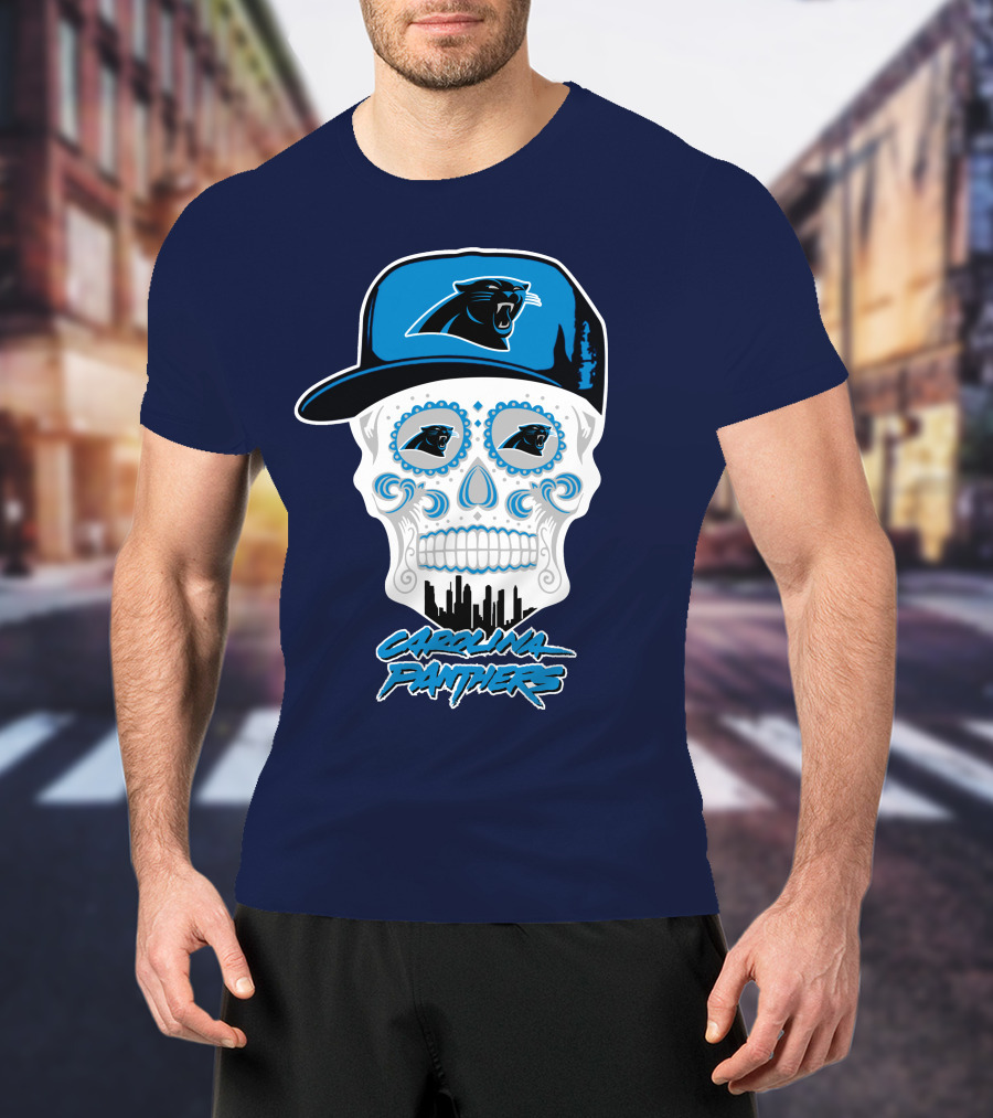 Carolina Panthers Skull Design With Panther Eyes And Cap T-Shirt