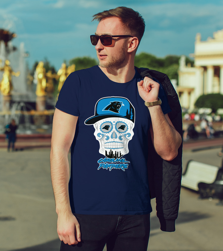 Carolina Panthers Skull Design With Panther Eyes And Cap T-Shirt