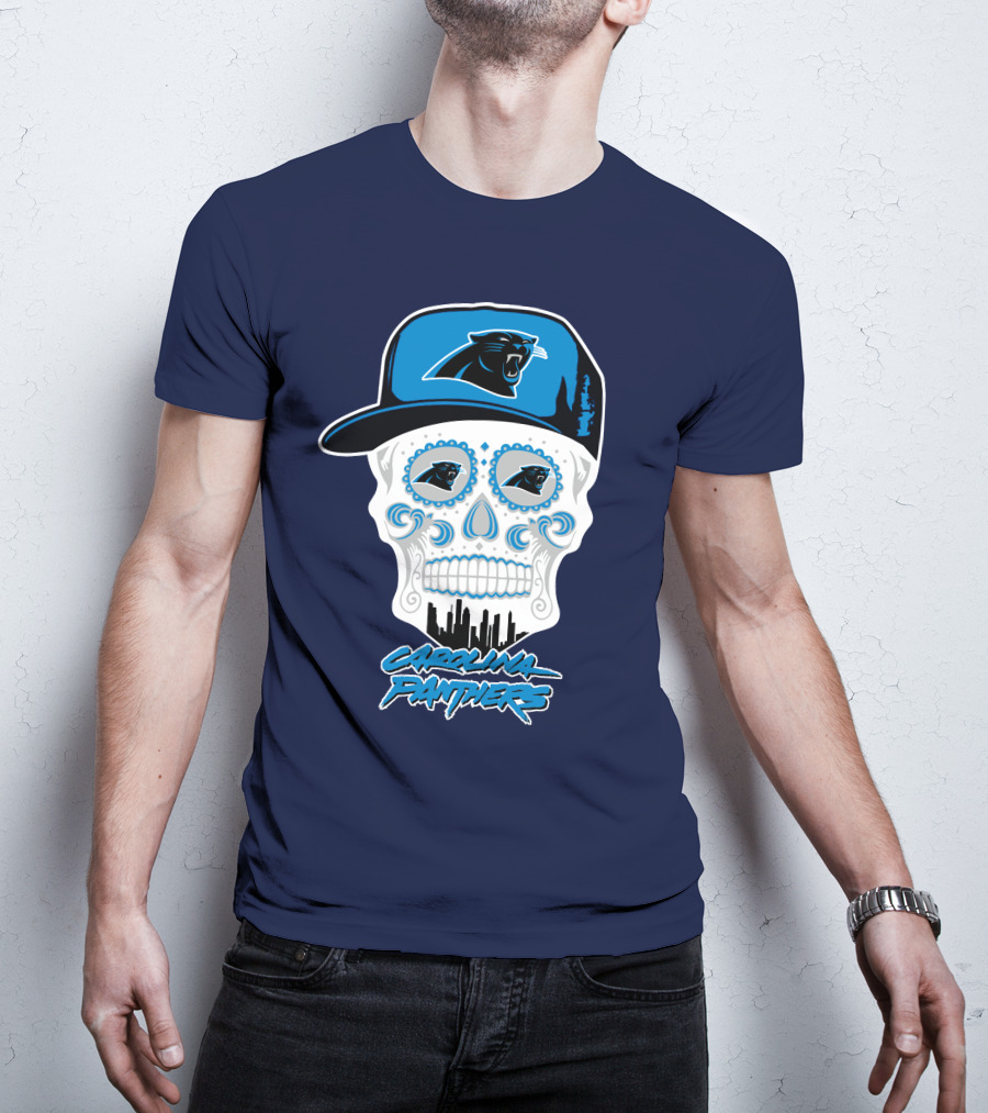 Carolina Panthers Skull Design With Panther Eyes And Cap T-Shirt