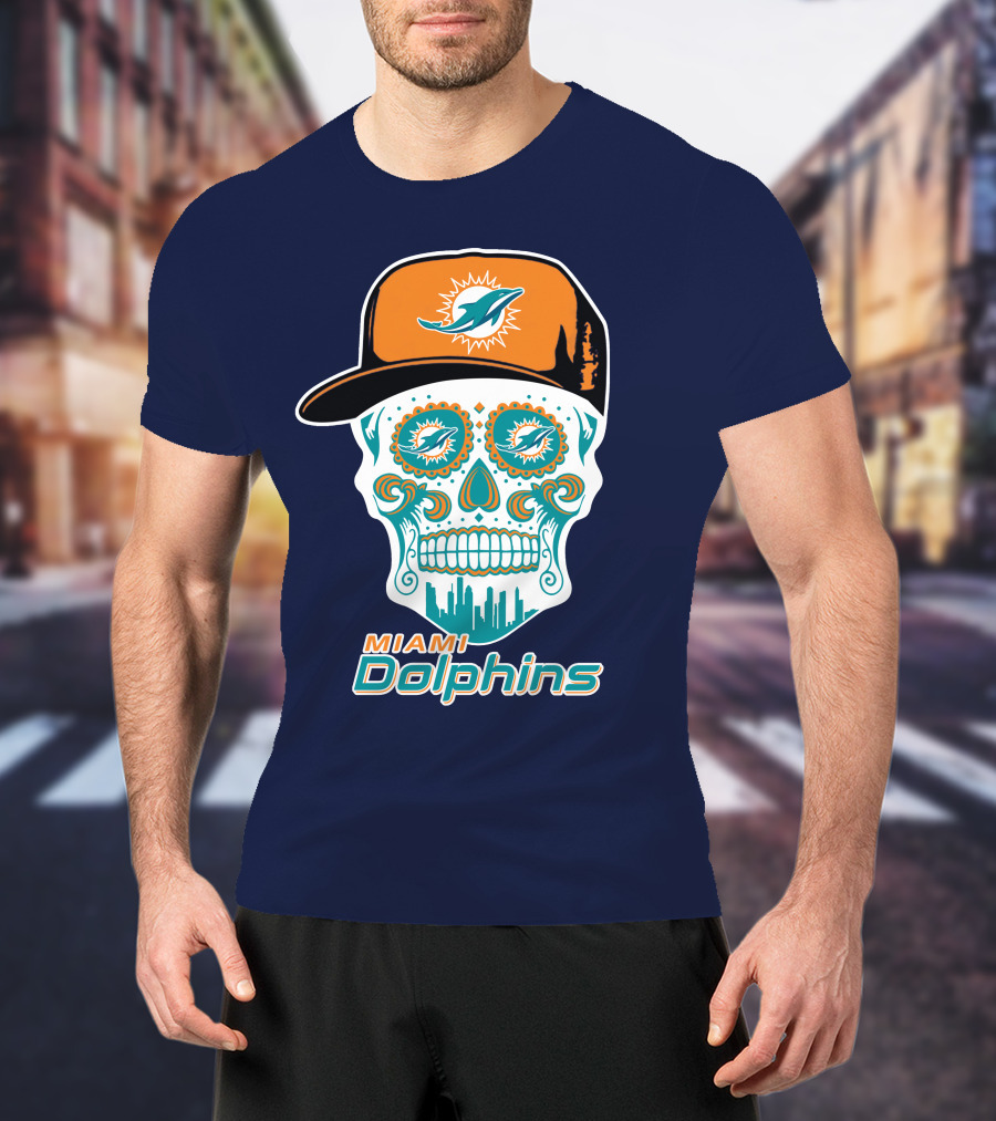 Miami Dolphins Sugar Skull Cap Art T-Shirt