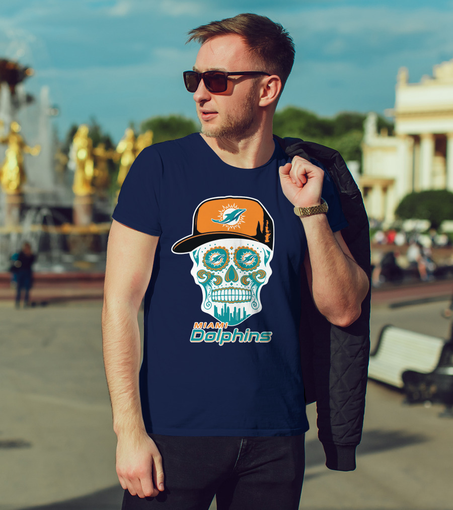 Miami Dolphins Sugar Skull Cap Art T-Shirt