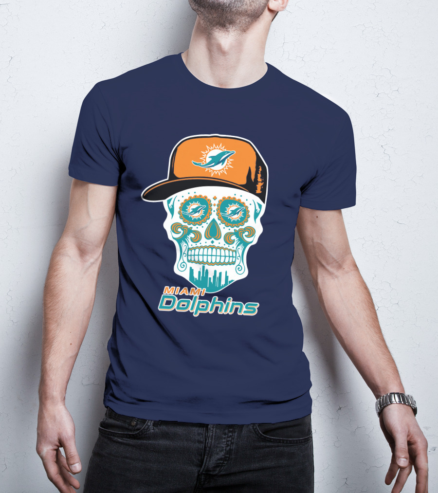 Miami Dolphins Sugar Skull Cap Art T-Shirt